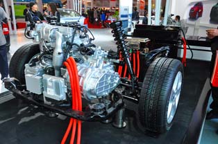 Cut-away model of FAW’s hybrid passenger car.