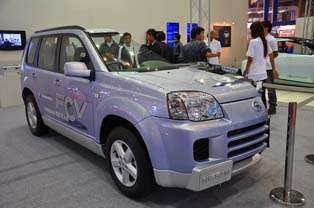 Cut-away model of the Nissan FCV high-pressure hydrogen-powered fuel cell vehicle.