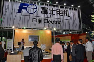 Booth of Fuji Electic, one of the sponsors of the EVS25. Various applications and solutions for EV such as in-car semiconductor are showcased.