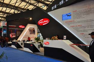 Exhibit booth of Delphi. Display of both OEM and replacement parts